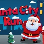 Święty Mikołaj w czerwonym stroju stoi na tle zimowego miasta z napisem Santa City Run i ośnieżonymi budynkami oraz choinką
