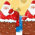 Święty Mikołaj w czerwonym stroju i czapce, wystający z komina, z padającym śniegiem na tle pełni księżyca