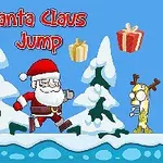 Kilka choinek pokrytych śniegiem na tle, z animowanym Świętym Mikołajem w czerwonym stroju biegnącym po śniegu, obok bałwana i renifera, oraz unoszące się w powietrzu kolorowe prezenty