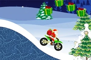 Święty Mikołaj jedzie na zielonym motocyklu przez zimowy krajobraz z choinkami i unoszącymi się nad nim prezentami