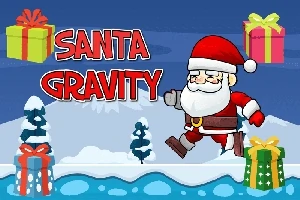Święty Mikołaj biegnący przez zimowy krajobraz z prezentami w tle i napis Santa Gravity