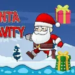 Święty Mikołaj biegnący przez zimowy krajobraz z prezentami w tle i napis Santa Gravity