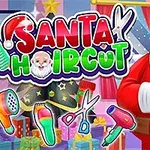 Święty Mikołaj w czerwonym stroju na tle kolorowych ikon związanych z fryzjerstwem, takich jak nożyczki, suszarka i grzebień, otoczony prezentami