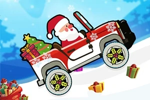 Święty Mikołaj prowadzi czerwony terenowy samochód udekorowany śnieżynkami, wiezie choinkę i prezenty, na tle zimowego krajobrazu