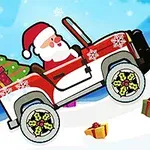 Święty Mikołaj prowadzi czerwony terenowy samochód udekorowany śnieżynkami, wiezie choinkę i prezenty, na tle zimowego krajobrazu