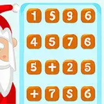 Mikołaj z długą białą brodą patrzy na planszę z zestawem liczb i znaków matematycznych na niebieskim tle