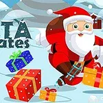 Święty Mikołaj na łyżwach z workiem prezentów w zimowym krajobrazie, z napisem Santa on skates i kolorowymi paczkami na śniegu