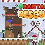 Święty Mikołaj otoczony prezentami, bałwanami i świątecznymi dekoracjami, z czerwonym napisem Santa Rescue na górze