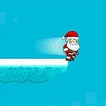 Święty Mikołaj w czerwonym stroju przeskakuje z ośnieżonej platformy na tle niebieskiego nieba