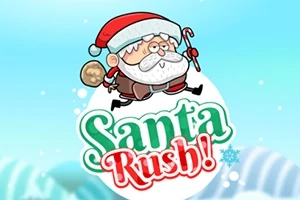 Postać Mikołaja trzymającego worek z prezentami na plecach nad napisem Santa Rush!