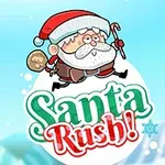 Postać Mikołaja trzymającego worek z prezentami na plecach nad napisem Santa Rush!