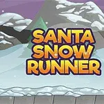 Święty Mikołaj biegnie przez zimowy krajobraz z ośnieżonymi drzewami i górami w tle, obok dużego napisu Santa Snow Runner