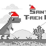 Szary dinozaur w czapce świętego Mikołaja stoi obok kaktusa, z napisem Santa T-Rex Run w tle