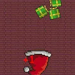 Czerwona pikselowa czapka Świętego Mikołaja na tle brązowego wzoru z zielonymi prezentami powyżej