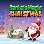 Świąteczna scena z Mikołajem, ozdobami choinkowymi i małym domkiem na tle zimowego krajobrazu