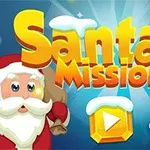 Święty Mikołaj i renifer z lizakiem obok dużego napisu Santas Mission na niebieskim tle