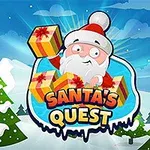 Święty Mikołaj w czapce trzymający prezenty na tle zaśnieżonego krajobrazu z choinkami i niebem z chmurami