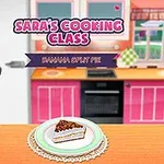 Kreskówkowa postać kobieca w kuchni, obok napisu Saras Cooking Class oraz talerz z plackiem na blacie