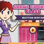Postać rysunkowa z rudymi włosami w kuchni, obok której widnieje napis „Saras Cooking Class: Mutton Biryani” oraz przycisk odtwarzania