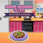 Kreskówkowa postać w kuchni z naczyniem zapiekanki na blacie i różowymi szafkami w tle