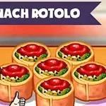 Postać kreskówkowa z rudymi włosami pokazuje kciuk w górę obok talerza z kilkoma kawałkami rolady szpinakowej, na nich napis Spinach Rotolo