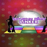 Sylwetki dwóch tancerzy przy świetlnej kuli dyskotekowej na kolorowym parkiecie z napisem „Saturday Night Linker