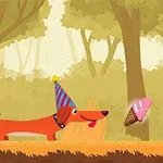 Pies w kolorowej czapce patrzący na różowe lody w lesie