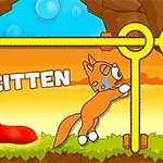 Rysunkowy kotek w hełmie ciągnący za dźwignię w jaskini z tłem zachodu słońca i napisem SAVE KITTEN