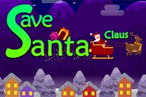 Napis Save Santa Claus z postacią Mikołaja w saniach ciągniętych przez renifera nad śnieżną wioską