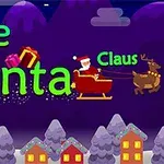 Napis Save Santa Claus z postacią Mikołaja w saniach ciągniętych przez renifera nad śnieżną wioską