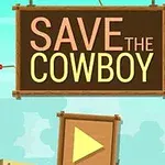 Kreskówkowy kowboj zawieszony na linie z napisem SAVE THE COWBOY obok dużego przycisku odtwarzania