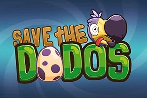 Napis SAVE THE DODOS z rysunkiem ptaka dodo z wystawionym językiem oraz jajkiem z plamkami, na niebieskim tle