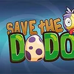 Napis SAVE THE DODOS z rysunkiem ptaka dodo z wystawionym językiem oraz jajkiem z plamkami, na niebieskim tle
