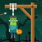 Zielony potwór wisi na szubienicy z dynią obok, zbliżająca się strzała w ciemnym, nocnym tle