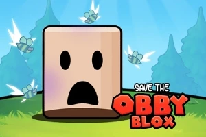 Kwadratowa twarz z wyrażeniem zaskoczenia na tle zielonego lasu, otoczona latającymi owadami i napisem Save the Obby Blox