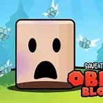 Kwadratowa twarz z wyrażeniem zaskoczenia na tle zielonego lasu, otoczona latającymi owadami i napisem Save the Obby Blox