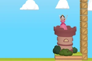 Księżniczka w różowej sukni stojąca na wieży z czerwonym dachem, obok pionowy stos drewnianych skrzyń na tle błękitnego nieba z chmurami