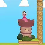 Księżniczka w różowej sukni stojąca na wieży z czerwonym dachem, obok pionowy stos drewnianych skrzyń na tle błękitnego nieba z chmurami