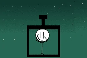 Postać z patyczków zamknięta w czarnym pudełku na tle zielonego nieba z gwiazdami