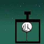 Postać z patyczków zamknięta w czarnym pudełku na tle zielonego nieba z gwiazdami