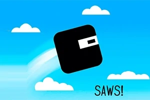 Czarny kwadratowy kształt z białym prostokątnym elementem na jasnym niebieskim tle z chmurami i napisem „SAWS!
