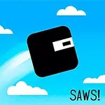 Czarny kwadratowy kształt z białym prostokątnym elementem na jasnym niebieskim tle z chmurami i napisem „SAWS!