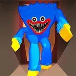 Niebieski, futrzasty stwór z szerokim uśmiechem i ostrymi zębami, z żółtymi rękami i stopami, w ciemnym korytarzu