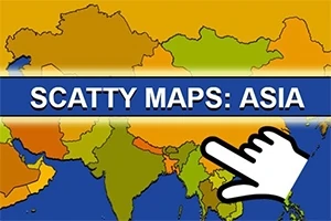 Mapa Azji z kolorowymi krajami, tytułem SCATTY MAPS: ASIA na niebieskim tle oraz rysunkiem wskazującej ręki