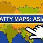 Mapa Azji z kolorowymi krajami, tytułem SCATTY MAPS: ASIA na niebieskim tle oraz rysunkiem wskazującej ręki