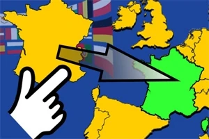 Mapa Europy z zaznaczonymi w kolorze Francją i Wielką Brytanią, oraz ikoną dłoni wskazującą na Francję