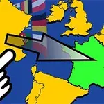 Mapa Europy z zaznaczonymi w kolorze Francją i Wielką Brytanią, oraz ikoną dłoni wskazującą na Francję