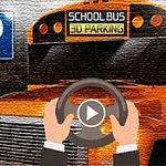 Żółty autobus szkolny z tablicą 3D Parking i znakiem parkingu obok, na tle znajduje się kierownica z rękami