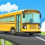 Żółty szkolny autobus jadący po krętej drodze na tle błękitnego nieba z białymi chmurami