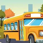 Żółty autobus na tle parku z drzewami w jesiennych kolorach i miejską panoramą